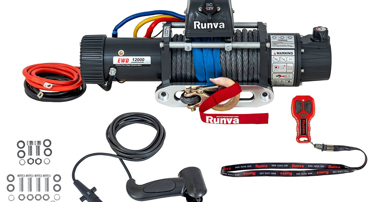 Лебёдка электрическая двухскоростная 12V Runva 12000 lbs 5443 кг (синтетический трос) - Лебедки